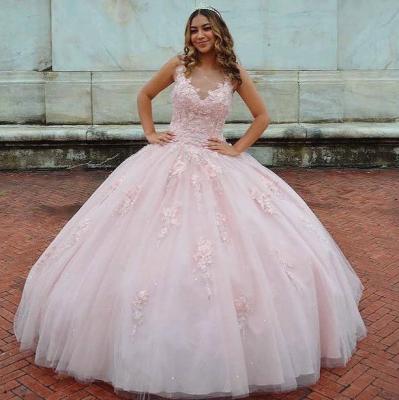 China Sweet Pink Illusion Neck Ball Gown 15 Plus Size Beaded Applique Dry Cleaning Tulle Dresses Custom Made Quinceanera Dresses for sale