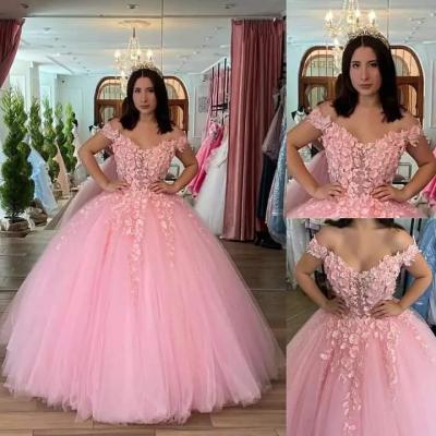 China Pink Soft Dry Cleaning 3D Lace Flower Tulle Dresses 15 Off The Shoulder Ball Gown Quinceanera Dresses for sale