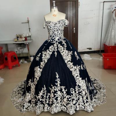 China OEM Photos 100% Dry Cleaning Real Off The Shoulder Ball Gown Designer Navy Blue Design Your Quinceanera Dresses 2021 for sale