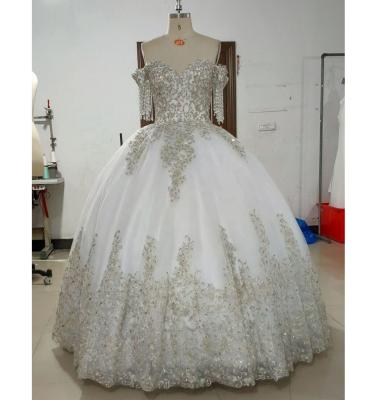 China Dry Cleaning OEM Off The Shoulder Ball Gown White Designer Shinny Silver Plus Size Wedding Dresses Quinceanera Dresses for sale