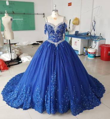 China OEM Photos 100% Dry Cleaning Real Beaded Lace Up Slim Strap Off The Shoulder Ball Gown Designer Royal Blue Quinceanera Dresses for sale