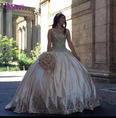 China Dry Cleaning OEM Orders Strapless Ball Gown Gold Applique Girl's Performance Dresses Fashion Quinceanera Dresses for sale