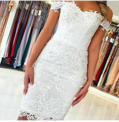 China Dry Cleaning Off Shoulder Beaded White Lace Applique Bodycon Style Knee Length Plus Size Women Dress Dresses for sale