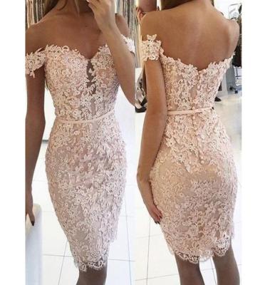 China Dry Cleaning Off Shoulder Beaded Pink Lace Applique Bodycon Style Knee Length Women Plus Size Dress Dresses for sale