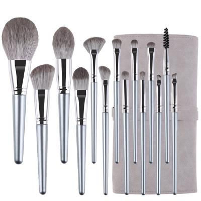 China Luxury Wholesale Professional 14 Pcs Facial Brushes Wooden Hair Brush Travel Bag Makeup Brush Set for sale