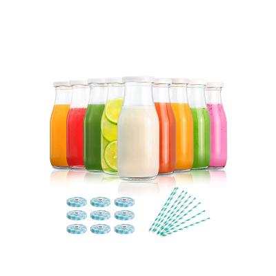 China 12oz Glass Juice Bottles Reusable Glass Beverage Bottles with Caps and Straws for Juicing, Milk, Smoothie, Beverage Drinking for sale