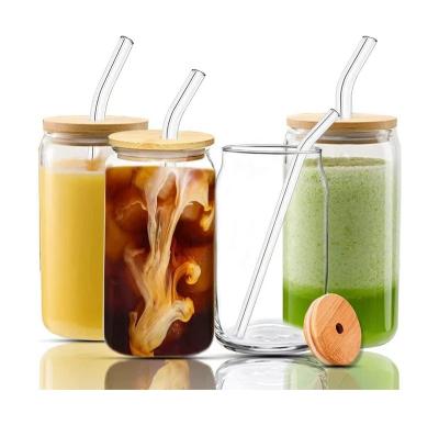 China Heatable 16oz beer can glass with bamboo lid and glass straw used for ice coffee cup smoothies boba tea whiskey 500ml water for sale