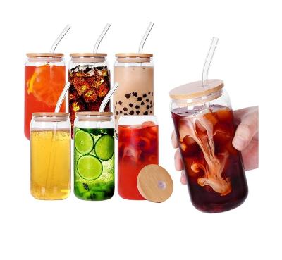 China Heatable Glass Mugs with Bamboo Lids and Straws 16oz Coffee Beer Can Drinking Glasses Coffee Mugs for sale