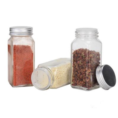 China Sustainable Glass Spice Jars / Bottles Empty 4oz Square Spice Containers With Shaker Lids And Airtight Metal Caps for sale