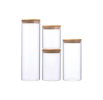 China Food Kitchen Canisters Set Clear Glass Jars For Food With Bamboo Lid Airtight Food Storage Jars for sale