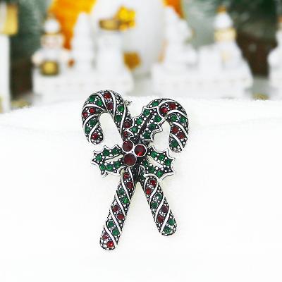 China Cute Candy Cane Pins Brooches Corsage Rhinestone Jewelry Holiday Elegant Christmas Ornaments for sale