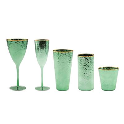 China Wholesale Hammer Pattern Customized Japanese Hammer Pattern Creative Green Champagne Glasses Emerald Electroplating Glass Vintage Wine Goblet for sale