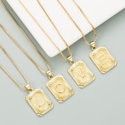 China Minimalist Vintage Medallion Boho Initial Letter Rectangle Alphabet Square Gold Pendant Necklace for sale