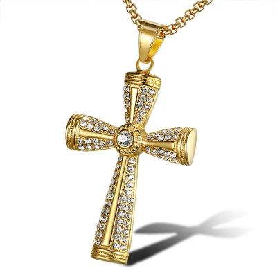 China High Quality Hip Hop Hip Hop Gold Plated Stainless Steel Crystal Stone Cross Christian Pendant Necklace Men for sale