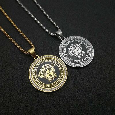 China Jellyfish Luxury High Quality Round Cubic Round Charm Stone Cubic Zircon Rhinestone Stainless Steel Hip Hop Pendant Necklace Men Women for sale