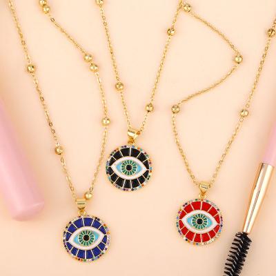 China Vintage 18K Gold Plated Copper Beads Rainbow Zirconia Eye Necklace Round Disc Enamel Devil Eyes Pendant Necklace for sale