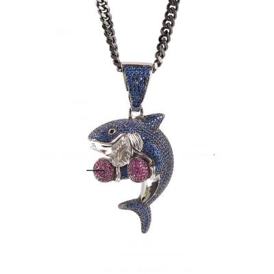 China Hip Hop New Arrival Copper Boxing Shark Blue Zircon Pendant Necklace for sale