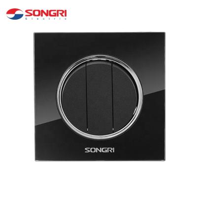 China Songri Residential European Standard Black Color Home 3 Strip 1 Way Light Switch for sale