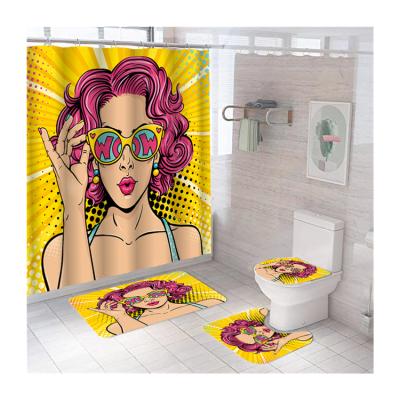 China Sustainable Hot Sale Beauty 3D Print Wholesale Shower Curtain Bathroom Sets Shower Curtain Set 4 Pcs for sale