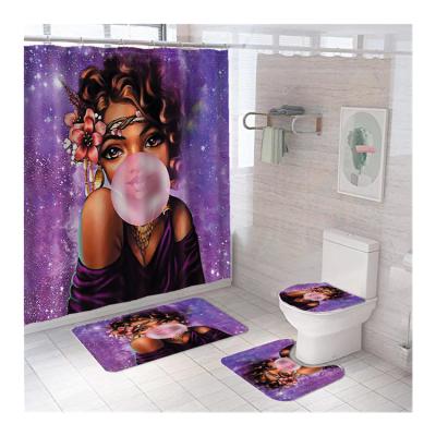 China Sustainable Hot Sale Black Girl 3D Digital Printing Shower Curtain Bathroom Sets Shower Curtain Set 4 Pcs for sale