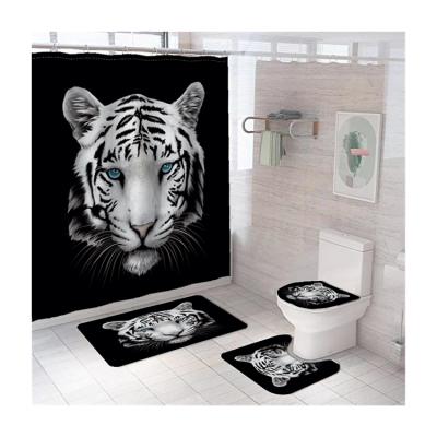 China 4 Pcs Sustainable Tiger 3D Digital Printing Polyester Fabric Shower Curtain Sets With 12 Hooks For Bathroom for sale