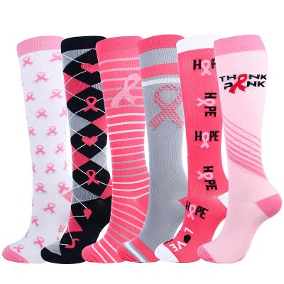 China New Design Pink Ribbon Nurses QUICK DRY Breast Cancer Medical Colorful Compression Boots Women Customized Knee High Socks for sale