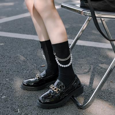 China New Design Pearl Chain Girls Cool Soft QUICK DRY Cool Girls Tube Crew Cotton Women Black Socks Fashion Mid for sale