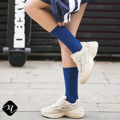 China New Autumn Winter QUICK DRY Women's Tube Gold Yarn Vertical Bar Pile Long Booties Retro Fashion Cotton Solid Color Knee High Socks for sale