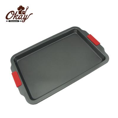 China BK-D5025 Durable Non-Stick Baking Pan Extra Large Baking Tray 0.6mm Thickness With Silicone Handle Marble Coating for sale