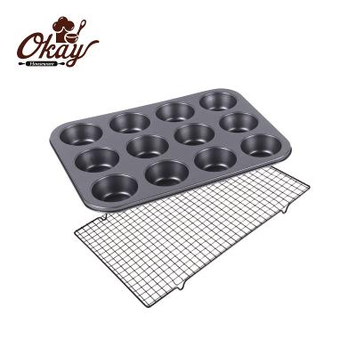 China BK-D6047 2-Piece Sustainable Non-Stick Carbon Steel Bakeware Set Muffin Pans With Cooling Rack for sale