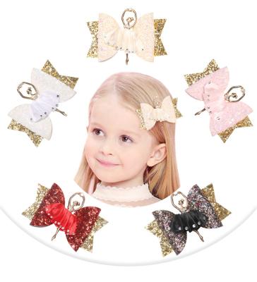 China Wholesale Soft Kids Hair Accessories Glitter Sparkly Leather Bow Hair Clips Glitter Ballerina Hairpins for sale