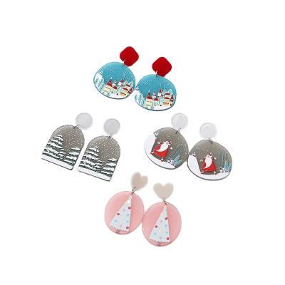 China Wholesale Cute Colorful Resin Christmas Pattern Earrings Acrylic Cartoon Santa Claus Tree Fashion Holiday Earrings for sale