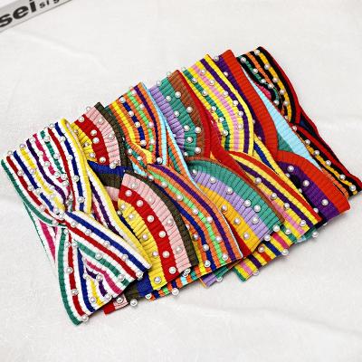 China Fabric Rainbow Stripe Headband Temperament Knit Pearl Headband Web Celebrity Girl Headbands for sale