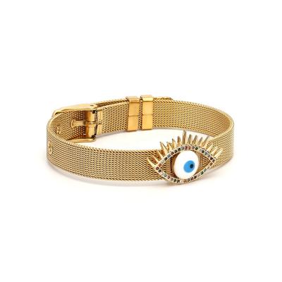 China New Fashion Spring Girl's Gold Stainless Steel Mesh Bangle Bracelet Romantic Jewelry Devil's Eye Bracelet Romantic Rhinestone for sale