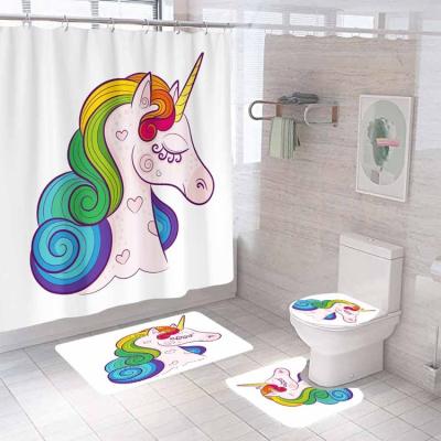 China Viable Hot Selling Ensemble Rideau De Douche Kids Cardboard Printed 4 Pc Shower Curtain And Toilet Mat Set for sale