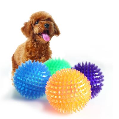 China TPR Viable Colorful Soft Stimulating Pet Toys Kitten Chew Supplies Playing Squeaking Voice Activated Dog Spike Ball Toys for sale