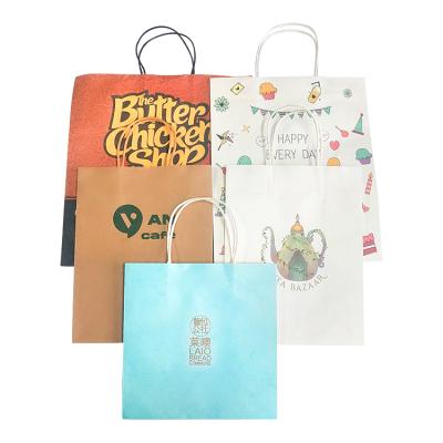 China 2022 Wholesale Recyclable Kraft Paper Bag With Your Own Logo Custom Shopping Paper Bag For Food With Handle for sale