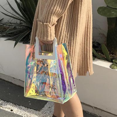 China 2022 Holographic Beach Handled Tote Bags Logo Women Transparent Bag Hologram Laser PVC Clear Custom Lady Bags Shopping for sale