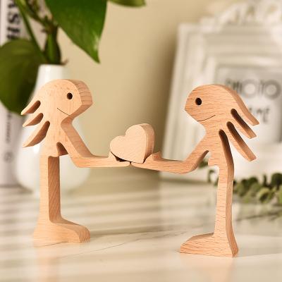 China Europe Friendship Souvenir Table Partner Good Crafts Home Office Wooden Decoration Carve Wooden Ornaments Carving Twin Sisters Figurine for sale