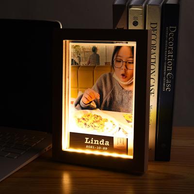 China Modern Designs Birthday Keepsake Supplies Home Table Decoration Wood Opens Office Decor Customized Acrylic Led Photo Wood Picture Frame for sale