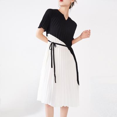 China Anti-wrinkle drawstring NOBLE summer contrast color shorts new sheath one line pleated dress Miyake waist design long skirt lace up stealth women for sale