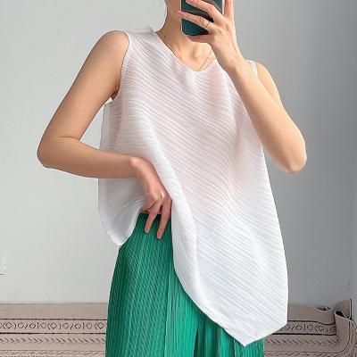 China Women Blouse Miyake Anti-pilling Summer Fashion One Size NOBLE T-shirt Around Collar Garment Pleats Loose Irregular Textured Tank Top for sale