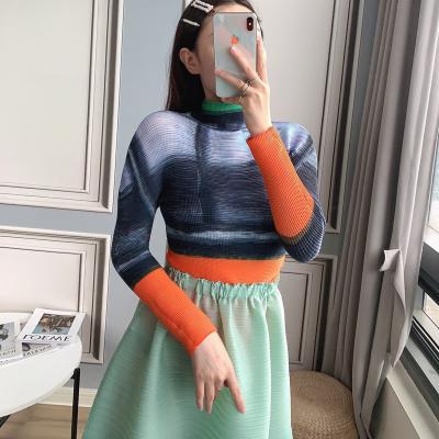 China Women NOBLE Soft Anti-pilling DGT All Spring Collar Long Thin High Quality Raglan Sleeve Print Casual Fashion Miyake Pleats T-shirt for sale