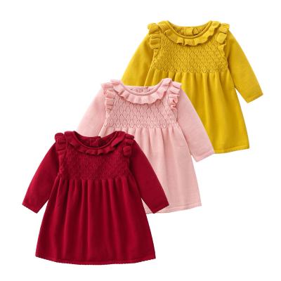 China 2021 Anti-static Children's Clothing Autumn New Girl Solid Color Baby Dress Baby Ruffle Long Sleeve Knitted Babies Dress for sale