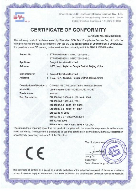 CE for Nd Yag Laser - Beijing Songic Laser Technology Limited