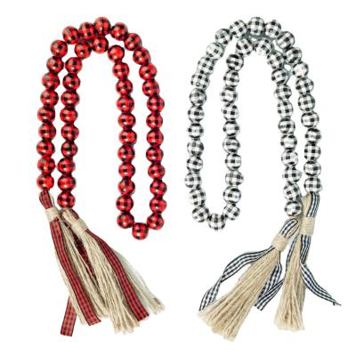 China Eco-friendly Customized Colorful Plaid Wood Ornaments Wooden Bead Garland With Tassel For Home Decor for sale