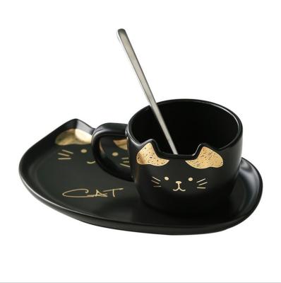 China Stocked European Nordic Style Coffee Cat Ceramic Mug Tea Cup Set With Saucer And Spoons for sale