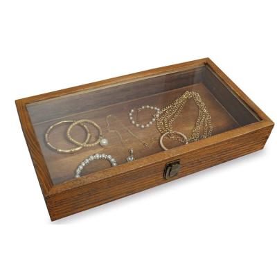 China Viable Hot Selling Wooden Jewelry Tray Glass Top Wooden Jewelry Display Box Storage Box for sale