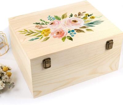 China Large Modern Wooden Box with Hinged Lid and 2 Front Clasp Unfinished Wooden Box for Crafts, Art for sale