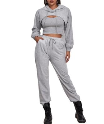 China Soft Breathable Warm Hollow Out Casual Crop Sweatshirt Sweater Top Jogger With Pockets Set Solid Color Sweatshirt Hoodie Women Sportswear for sale